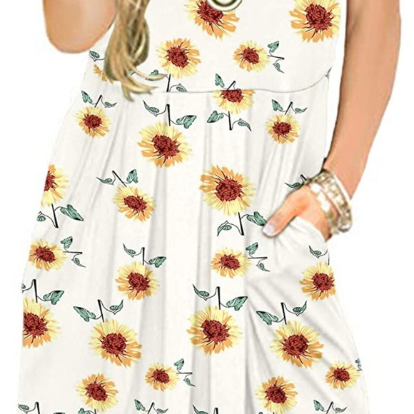 white Women's Short Sleeve Pleated Loose Swing Casual Dress AD
